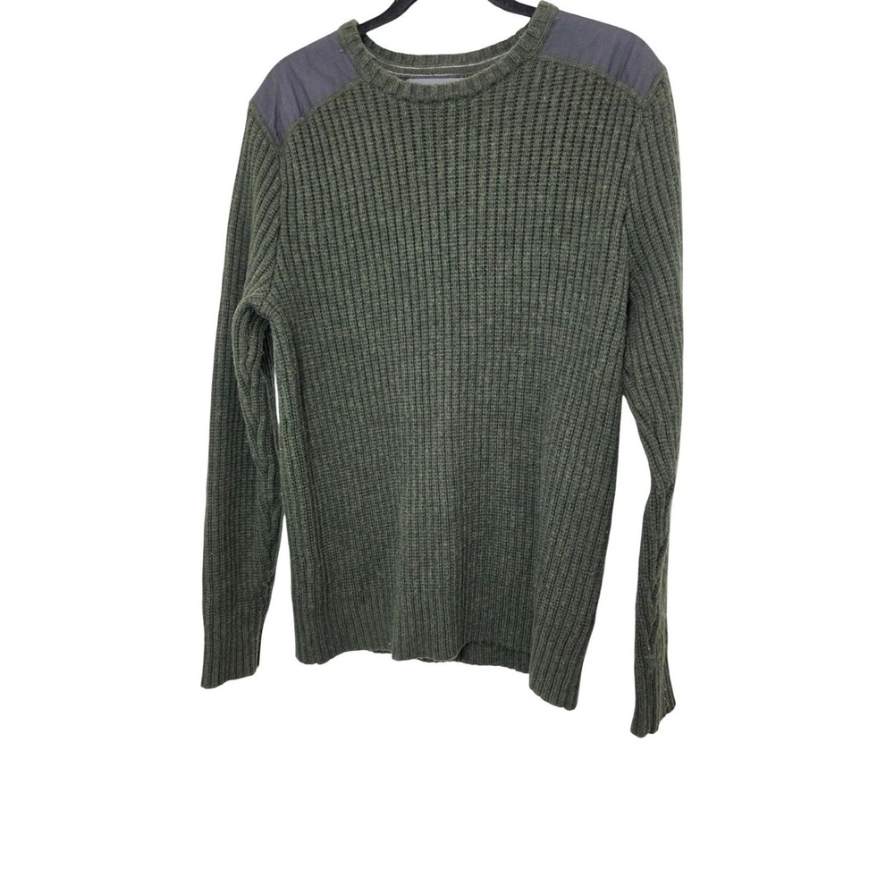 Eddie Bauer Men's Ribbed Green Military Sweater W/ Grey Shoulder Wool Blend